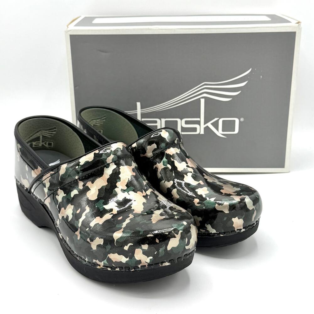 Dansko Patent Camo Mules in Black, Green, Cream